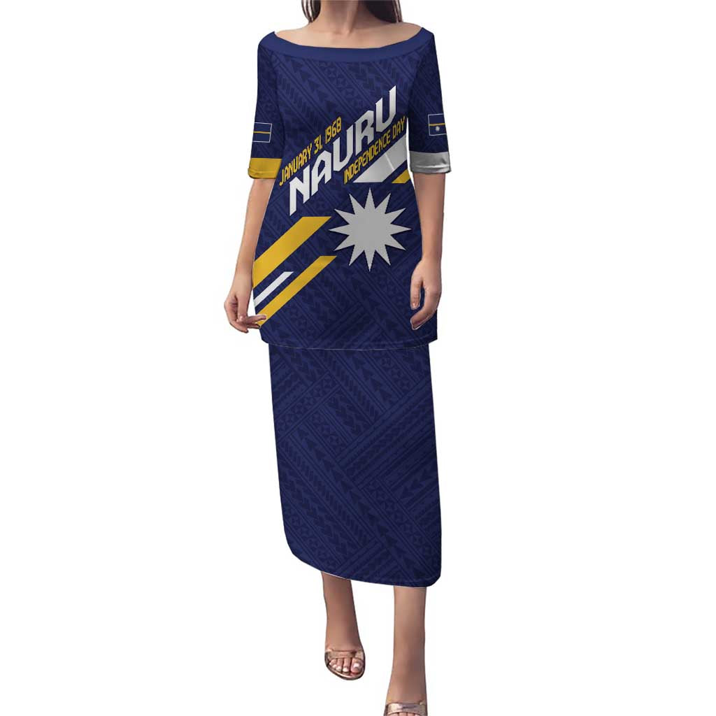 Personalised Happy Nauru Independence Day Puletasi Polynesian Pattern LT05 Long Dress Blue - Polynesian Pride