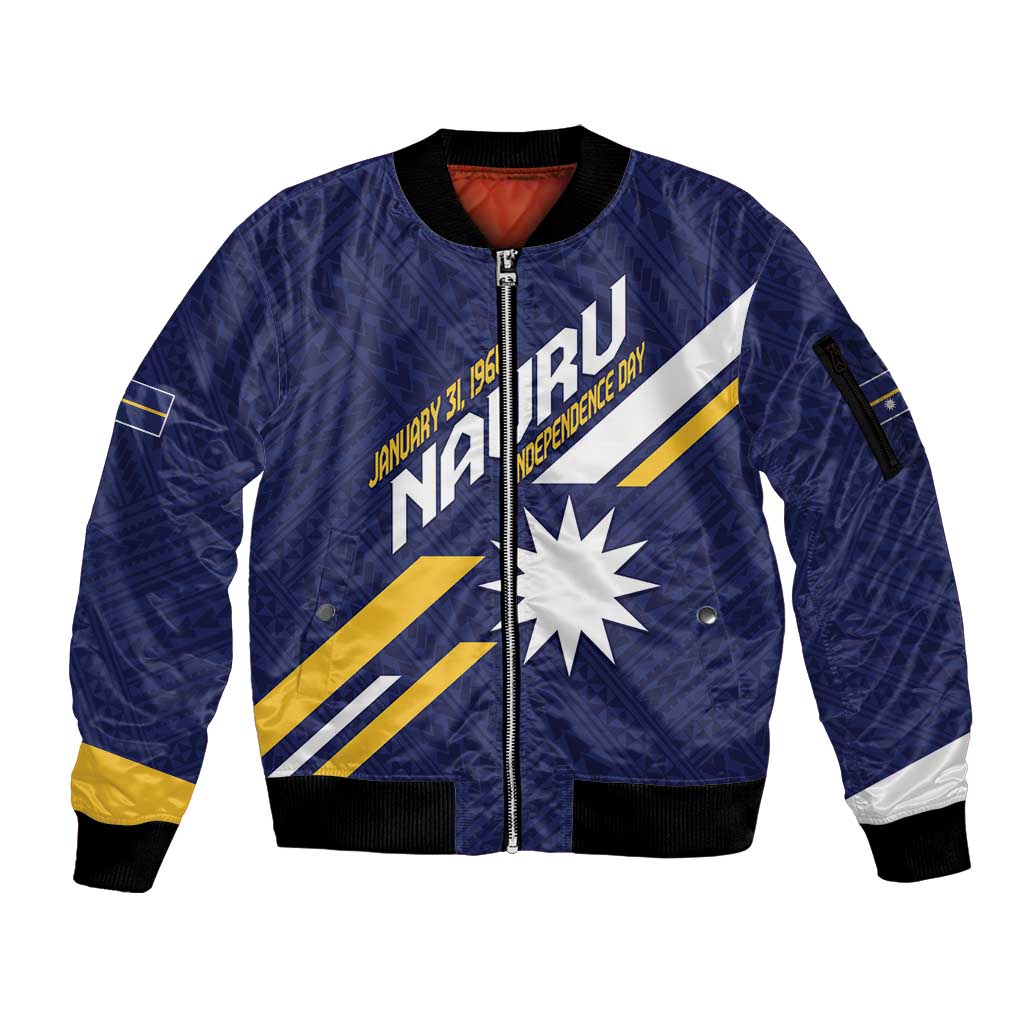 Personalised Happy Nauru Independence Day Sleeve Zip Bomber Jacket Polynesian Pattern LT05 Unisex Blue - Polynesian Pride