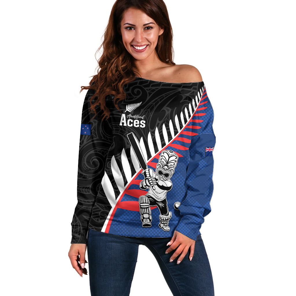 Custom New Zealand Auckland Cricket Off Shoulder Sweater With Maori Pattern LT05 Women Blue - Polynesian Pride