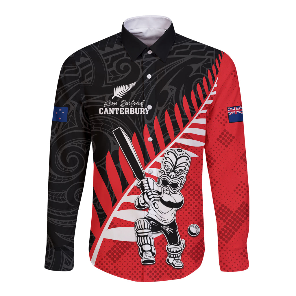 Custom New Zealand Canterbury Cricket Long Sleeve Button Shirt With Maori Pattern LT05 Unisex Red - Polynesian Pride