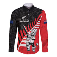 Custom New Zealand Canterbury Cricket Long Sleeve Button Shirt With Maori Pattern LT05 Unisex Red - Polynesian Pride
