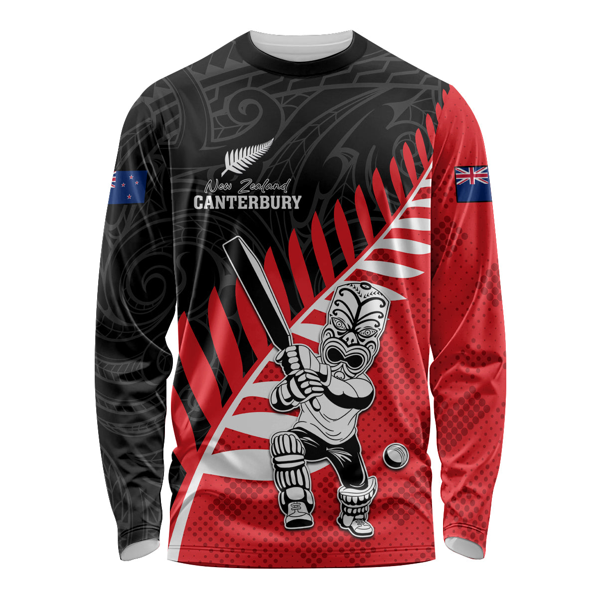 Custom New Zealand Canterbury Cricket Long Sleeve Shirt With Maori Pattern LT05 Unisex Red - Polynesian Pride