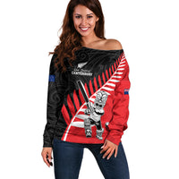 Custom New Zealand Canterbury Cricket Off Shoulder Sweater With Maori Pattern LT05 Women Red - Polynesian Pride