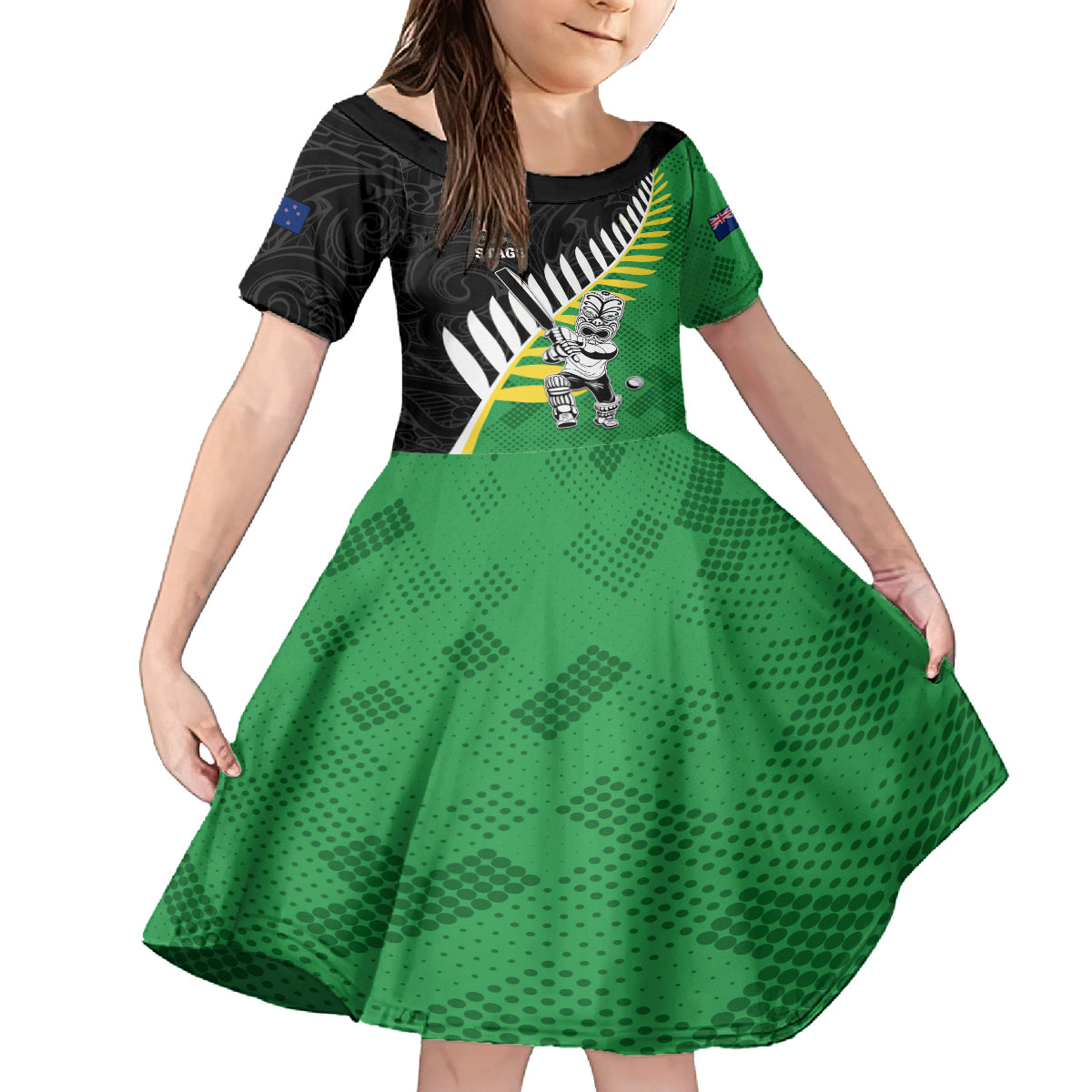 Custom New Zealand Central Districts Cricket Kid Short Sleeve Dress With Maori Pattern LT05 KID Green - Polynesian Pride