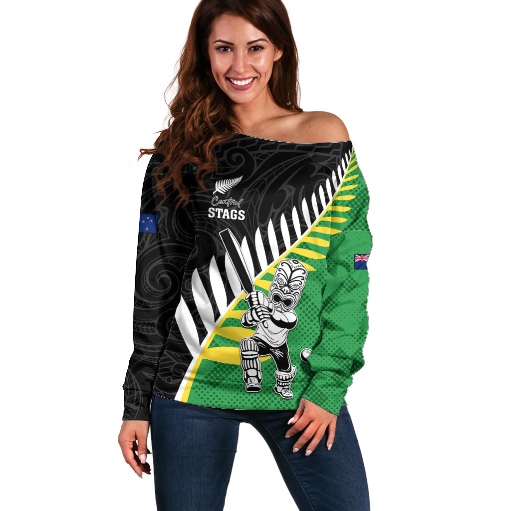 Custom New Zealand Central Districts Cricket Off Shoulder Sweater With Maori Pattern LT05 Women Green - Polynesian Pride