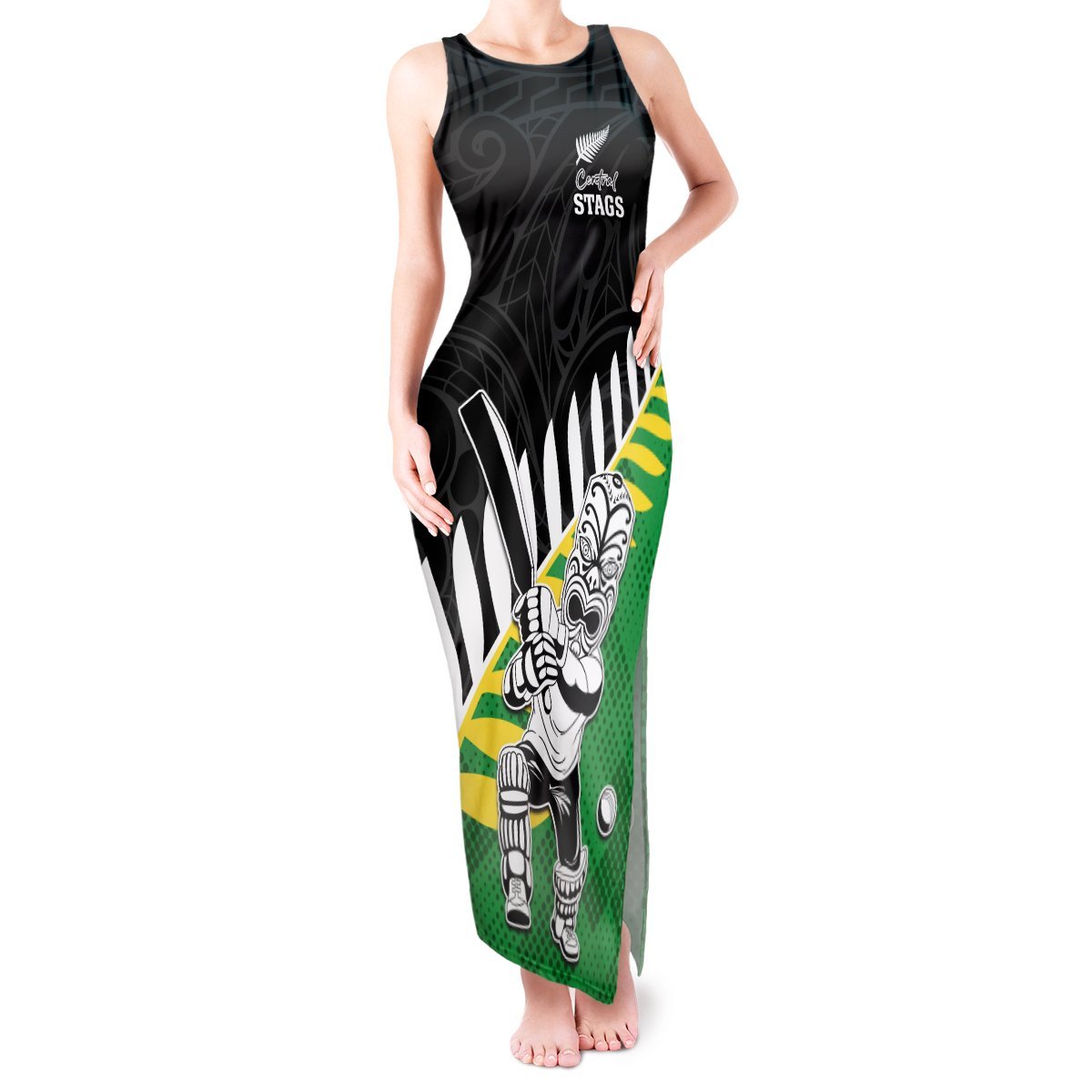 Custom New Zealand Central Districts Cricket Tank Maxi Dress With Maori Pattern LT05 Women Green - Polynesian Pride