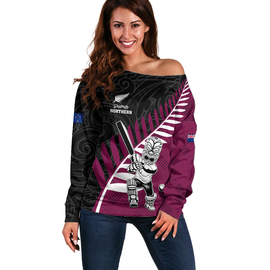 Custom New Zealand Northern Districts Cricket Off Shoulder Sweater With Maori Pattern LT05 Women Maroon - Polynesian Pride