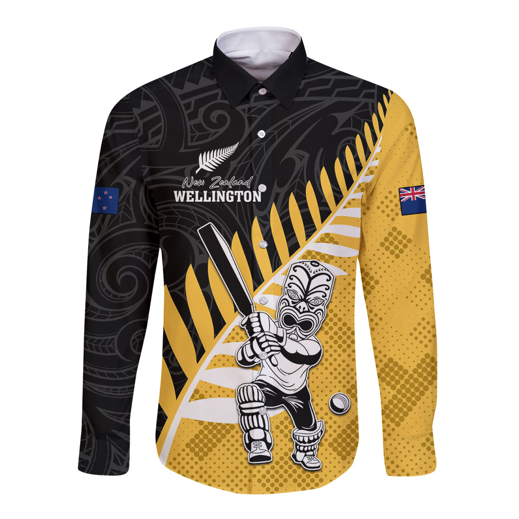 Custom New Zealand Wellington Cricket Long Sleeve Button Shirt With Maori Pattern LT05 Unisex Yellow - Polynesian Pride