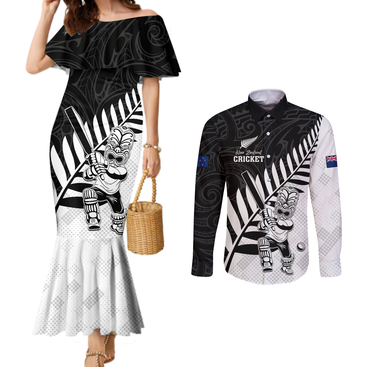 Custom New Zealand Cricket Couples Matching Mermaid Dress and Long Sleeve Button Shirt With Maori Pattern