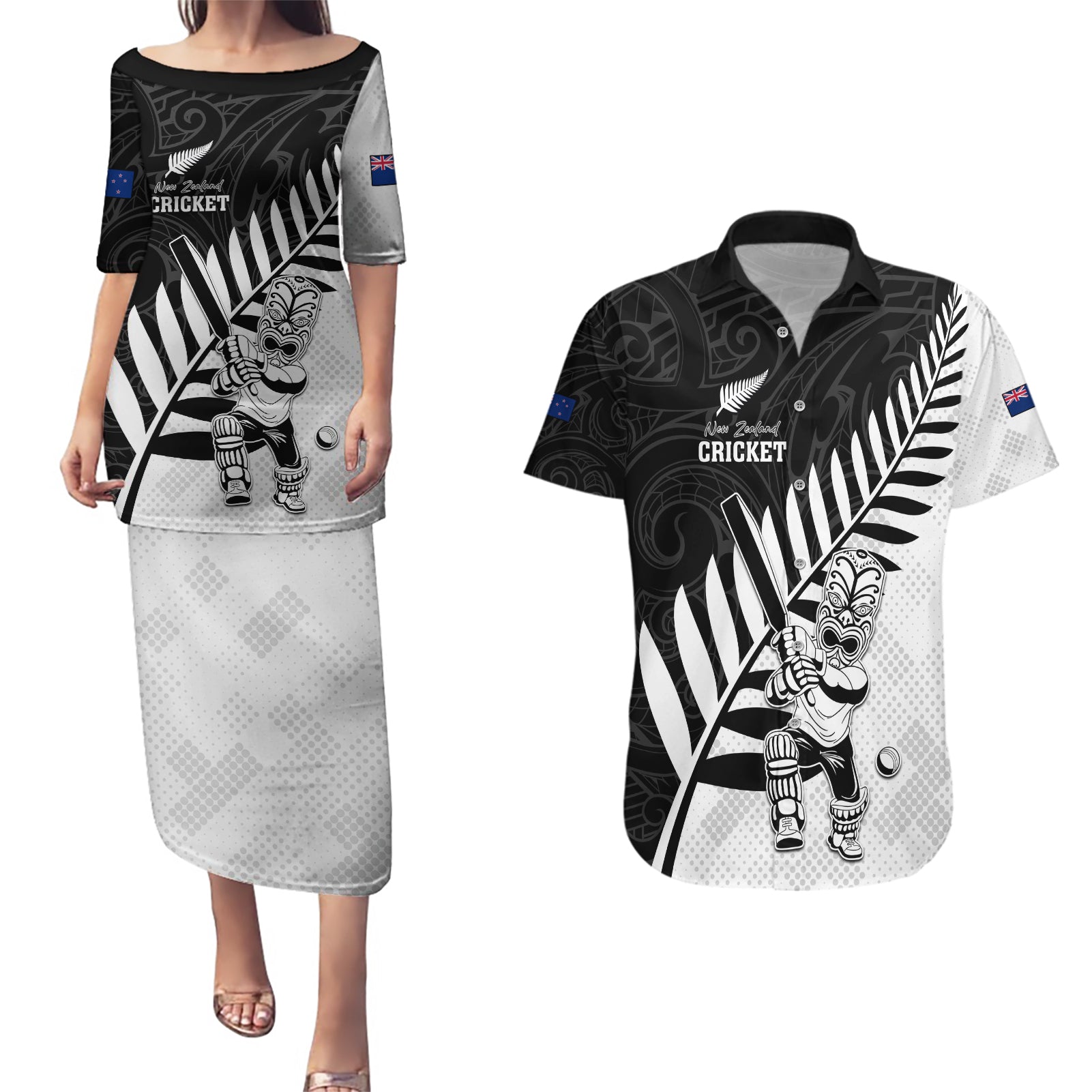 Custom New Zealand Cricket Couples Matching Puletasi and Hawaiian Shirt With Maori Pattern