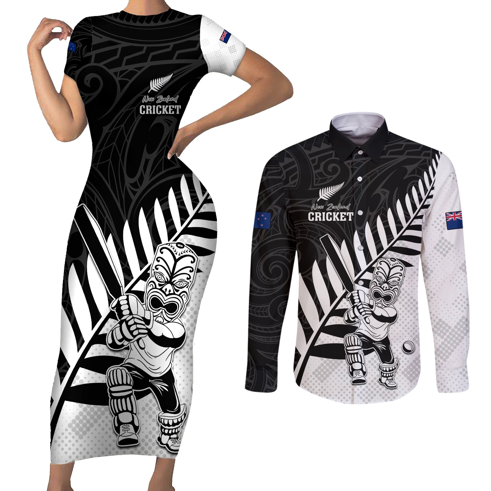 Custom New Zealand Cricket Couples Matching Short Sleeve Bodycon Dress and Long Sleeve Button Shirt With Maori Pattern