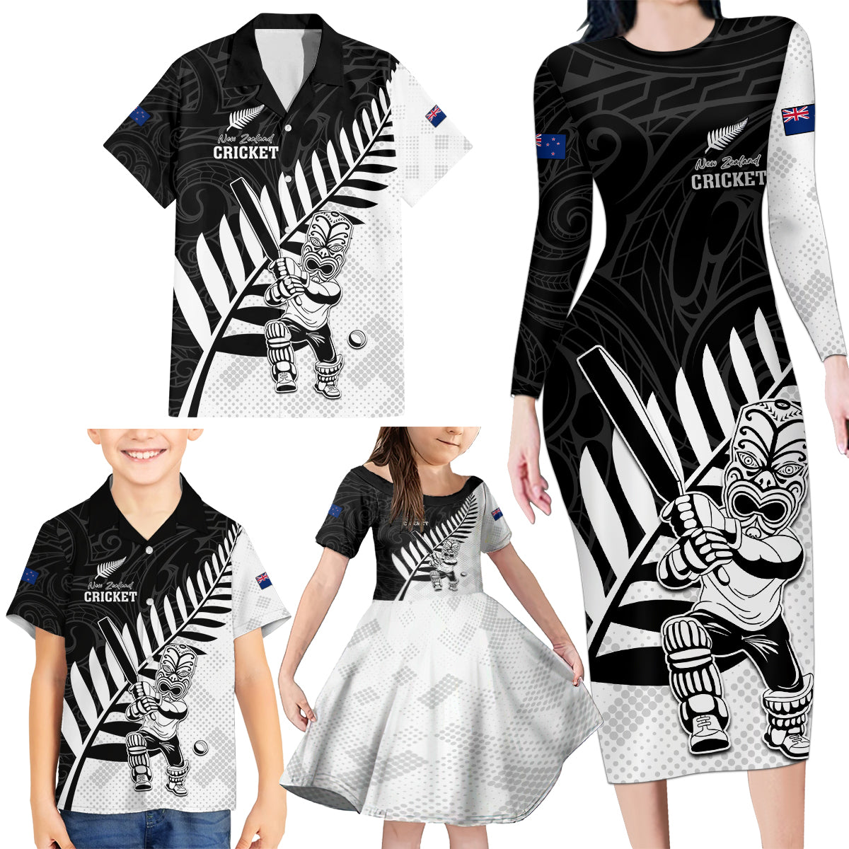 Custom New Zealand Cricket Family Matching Long Sleeve Bodycon Dress and Hawaiian Shirt With Maori Pattern