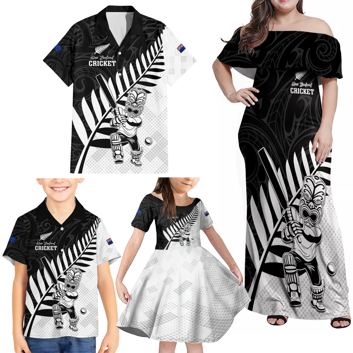 Custom New Zealand Cricket Family Matching Off Shoulder Maxi Dress and Hawaiian Shirt With Maori Pattern