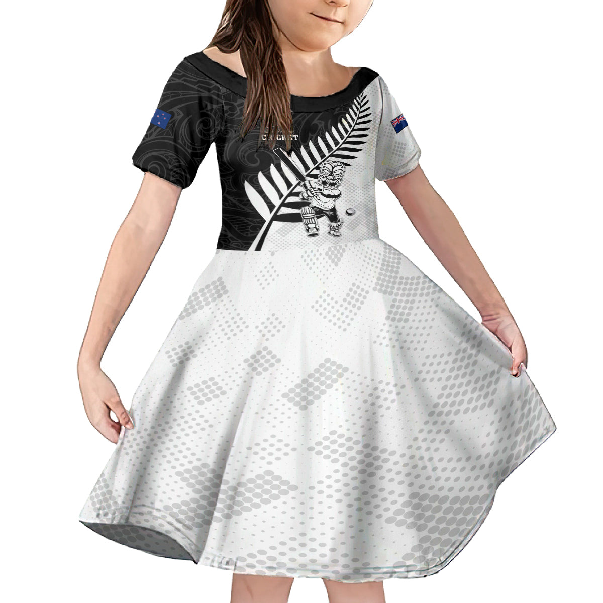 Custom New Zealand Cricket Kid Short Sleeve Dress With Maori Pattern