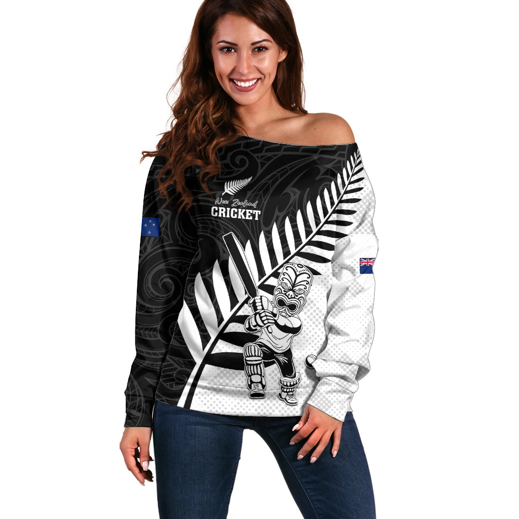 Custom New Zealand Cricket Off Shoulder Sweater With Maori Pattern LT05 Women Black - Polynesian Pride