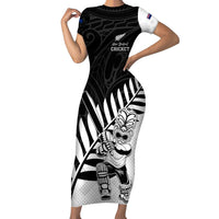 Custom New Zealand Cricket Short Sleeve Bodycon Dress With Maori Pattern LT05 Long Dress Black - Polynesian Pride