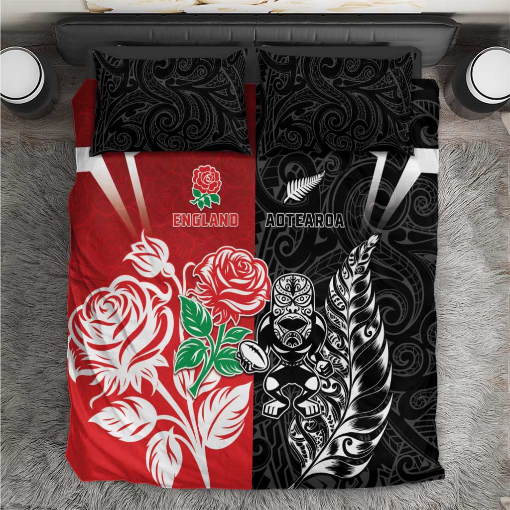 New Zealand And England Rugby Bedding Set Maori Tiki With Red Rose Together LT05 Red - Polynesian Pride