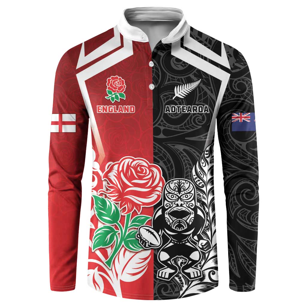 New Zealand And England Rugby Custom Button Sweatshirt Maori Tiki With Red Rose Together LT05 Red - Polynesian Pride