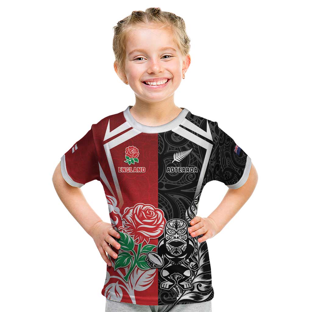 New Zealand And England Rugby Custom Kid T Shirt Maori Tiki With Red Rose Together LT05 Red - Polynesian Pride