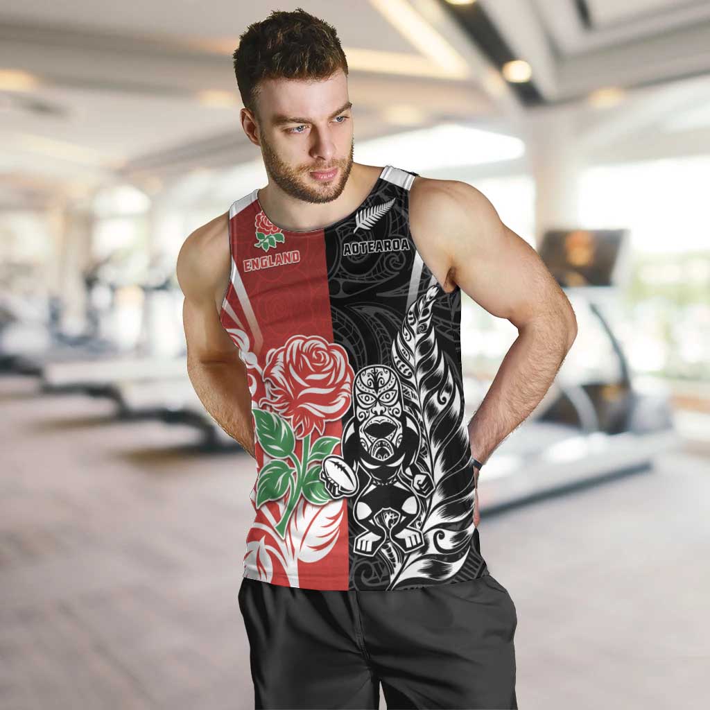New Zealand And England Rugby Custom Men Tank Top Maori Tiki With Red Rose Together LT05 Red - Polynesian Pride