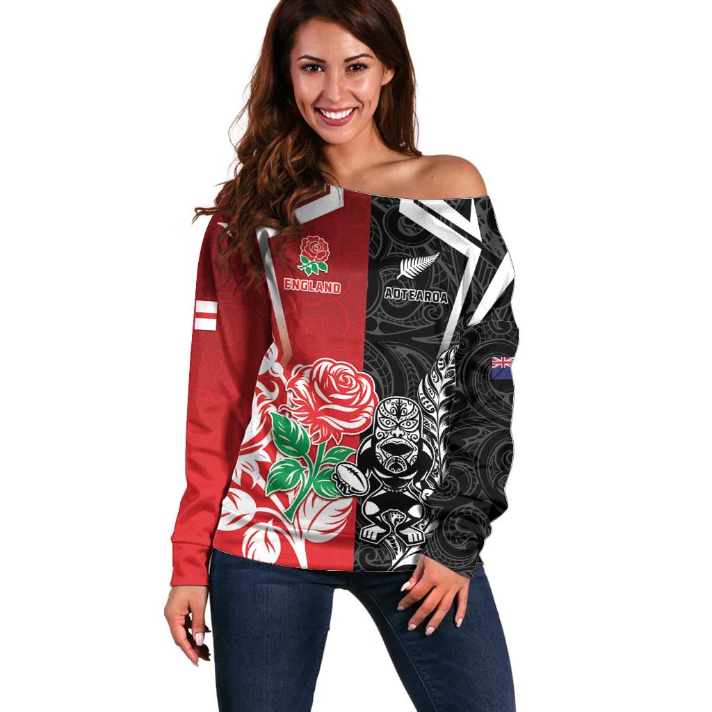 New Zealand And England Rugby Custom Off Shoulder Sweater Maori Tiki With Red Rose Together LT05 Women Red - Polynesian Pride