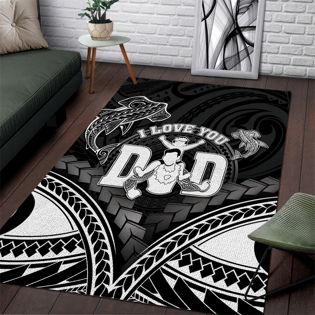 Happy Father's Day Area Rug I Love You Dad Polynesian Style LT05 Black - Polynesian Pride