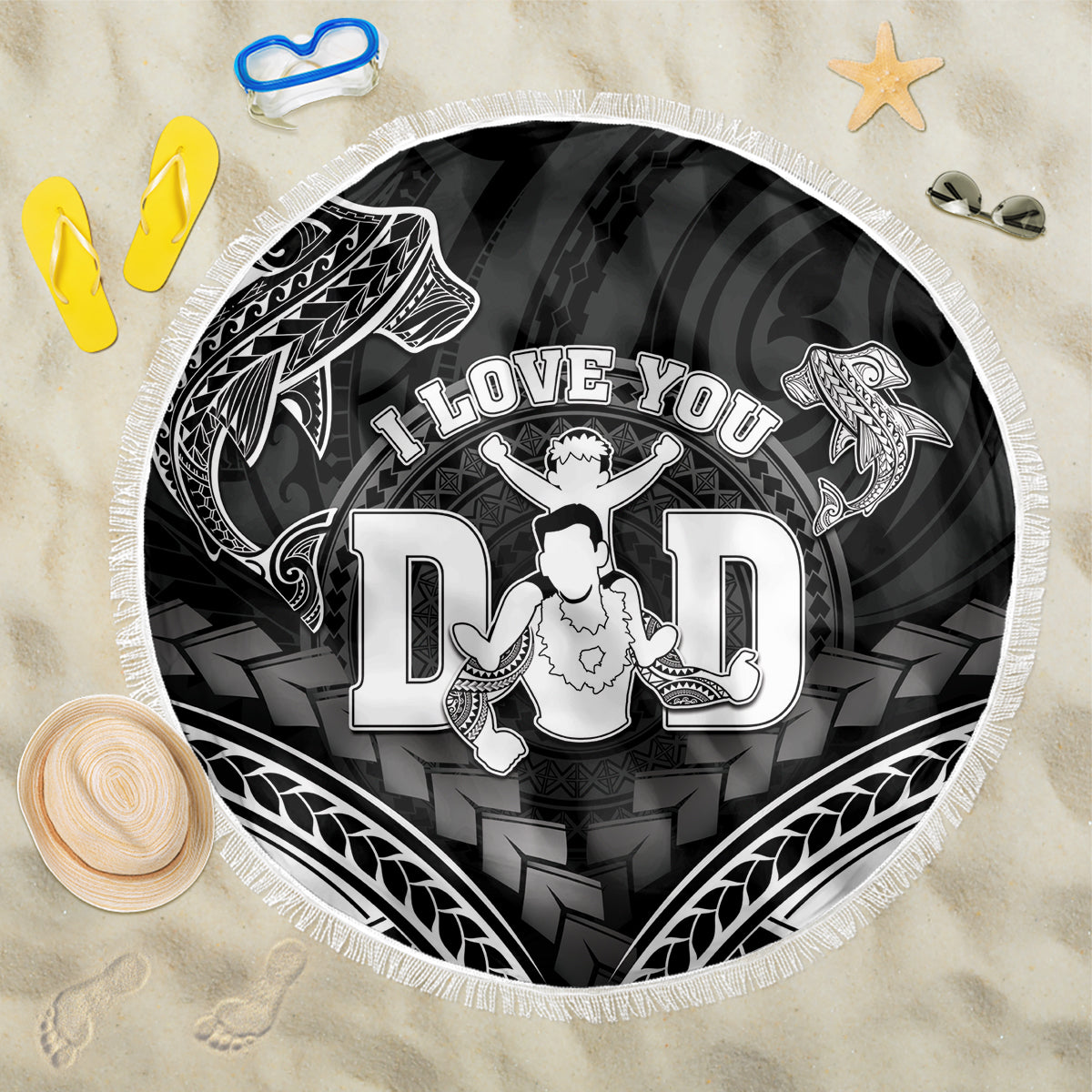 Happy Father's Day Beach Blanket I Love You Dad Polynesian Style LT05 One Size 150cm Black - Polynesian Pride