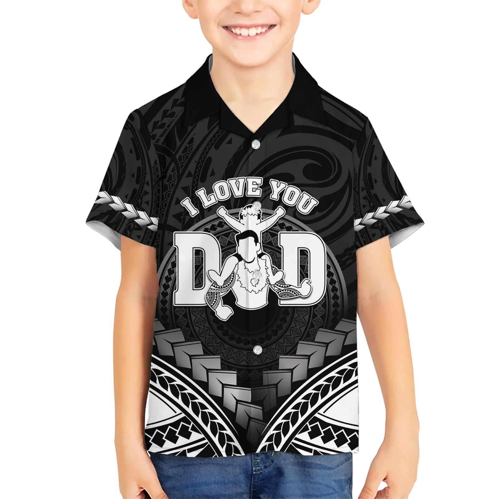Personalised Happy Father's Day Kid Hawaiian Shirt I Love You Dad Polynesian Style LT05 Kid Black - Polynesian Pride