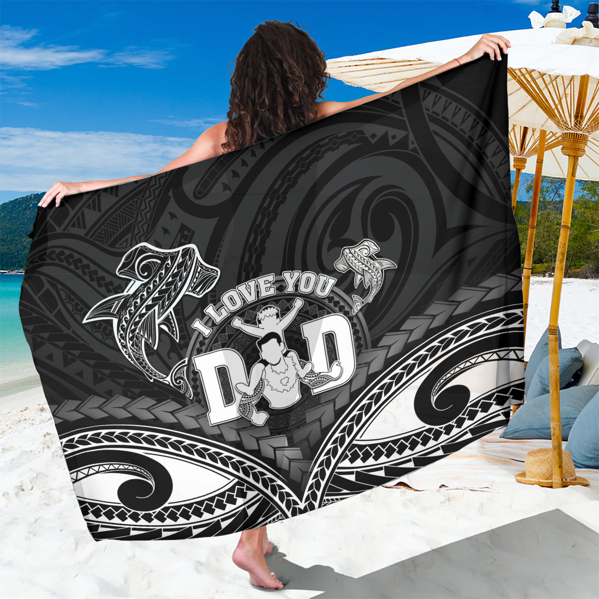 Happy Father's Day Sarong I Love You Dad Polynesian Style LT05 One Size 44 x 66 inches Black - Polynesian Pride