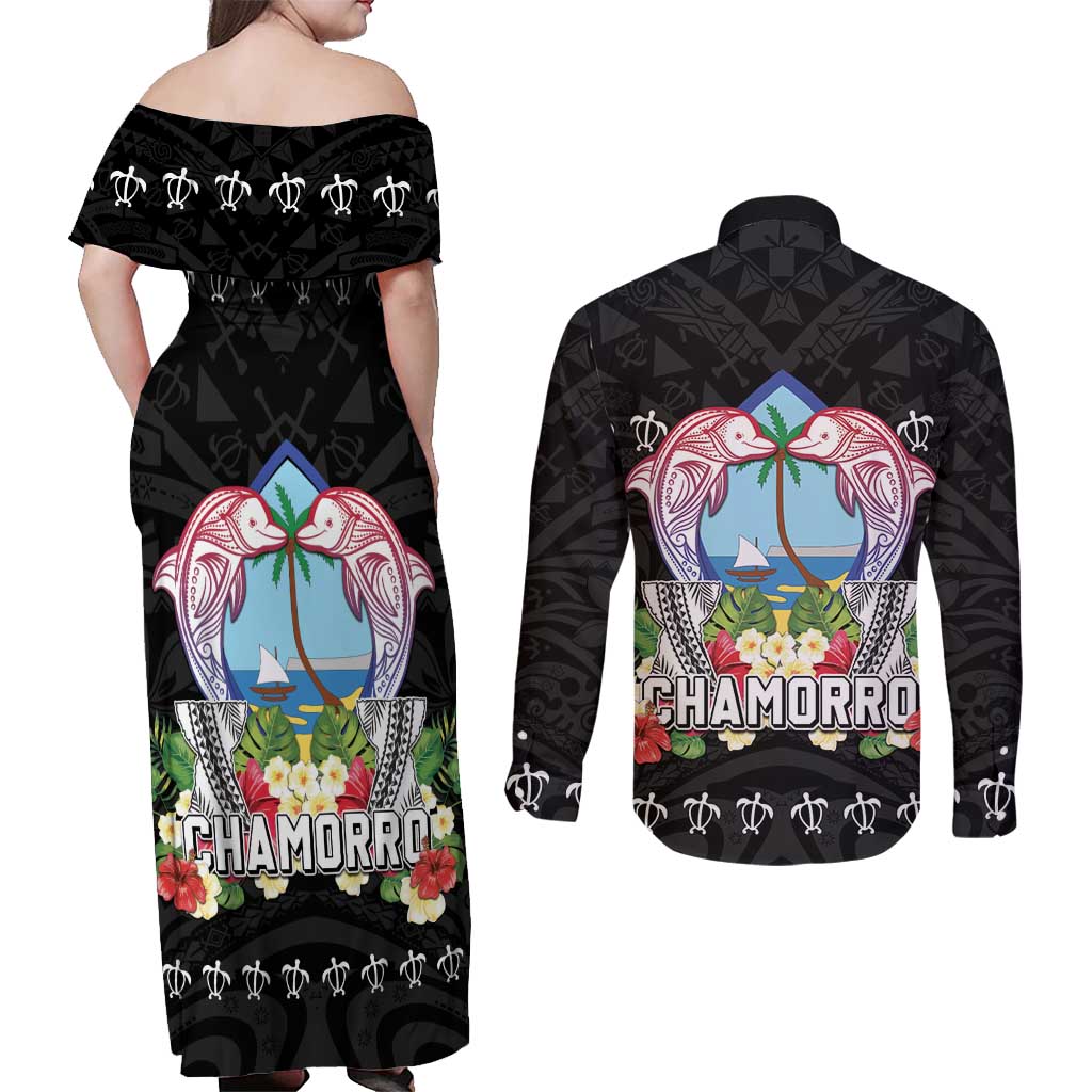 Guam Chamorro Couples Matching Off Shoulder Maxi Dress and Long Sleeve Button Shirt Tribal Latte Stone With Dolphins Black LT05 - Polynesian Pride