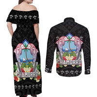 Guam Chamorro Couples Matching Off Shoulder Maxi Dress and Long Sleeve Button Shirt Tribal Latte Stone With Dolphins Black LT05 - Polynesian Pride