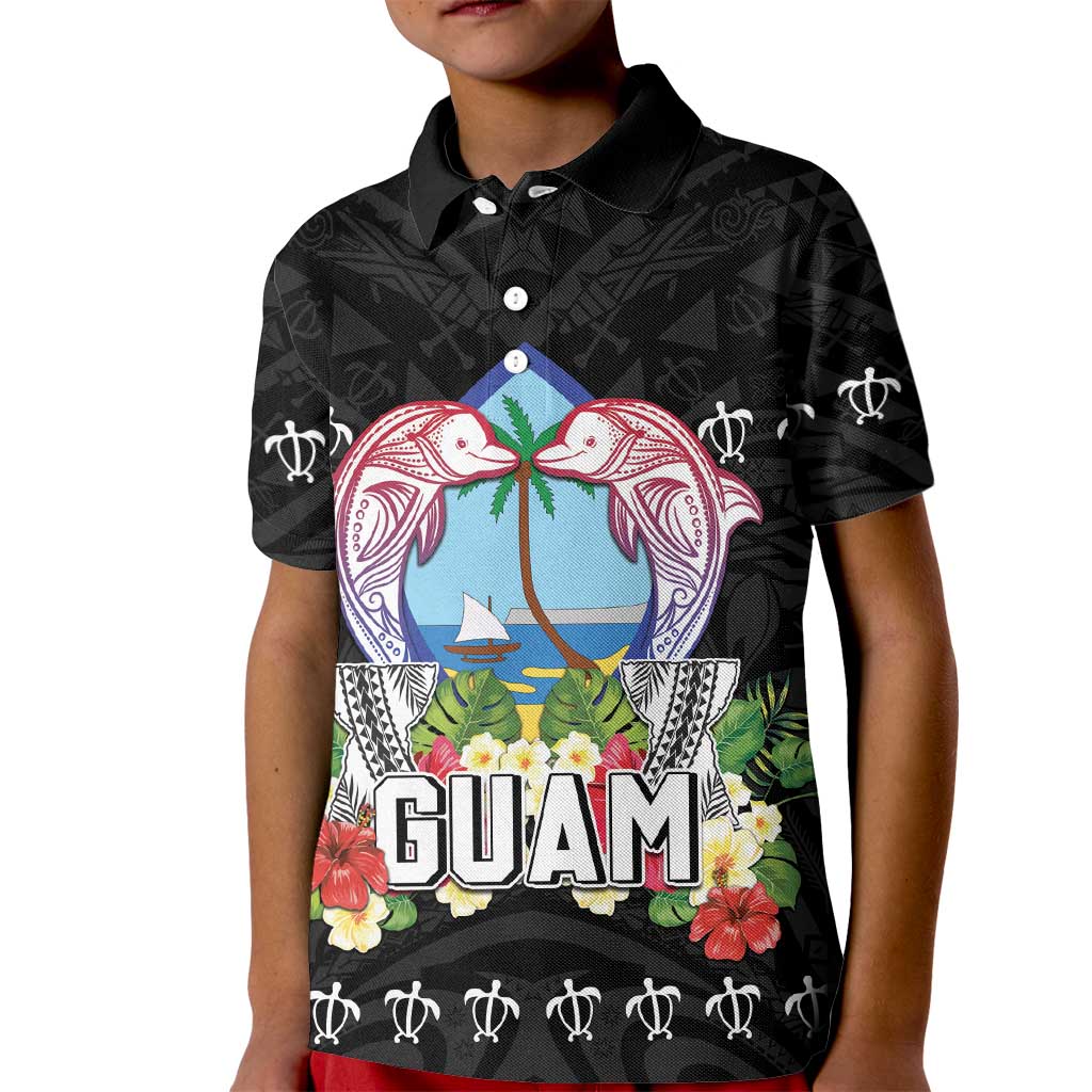 Guam Chamorro Kid Polo Shirt Tribal Latte Stone With Dolphins Black LT05 Kid Black - Polynesian Pride