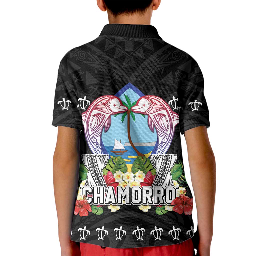 Guam Chamorro Kid Polo Shirt Tribal Latte Stone With Dolphins Black LT05 - Polynesian Pride