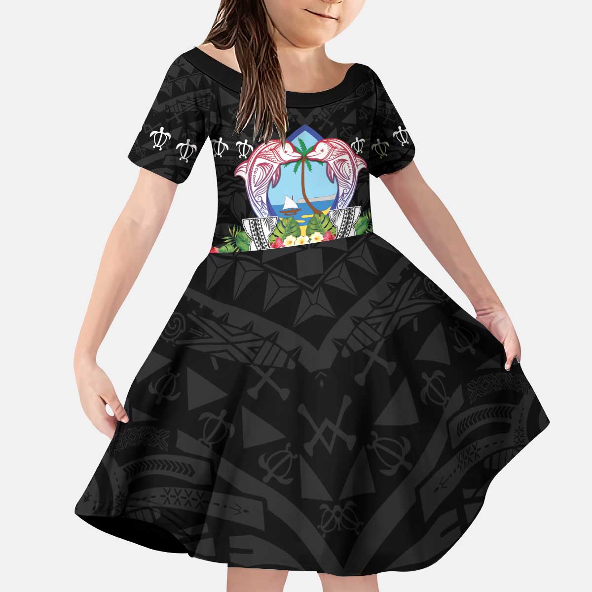 Guam Chamorro Kid Short Sleeve Dress Tribal Latte Stone With Dolphins Black LT05 KID Black - Polynesian Pride