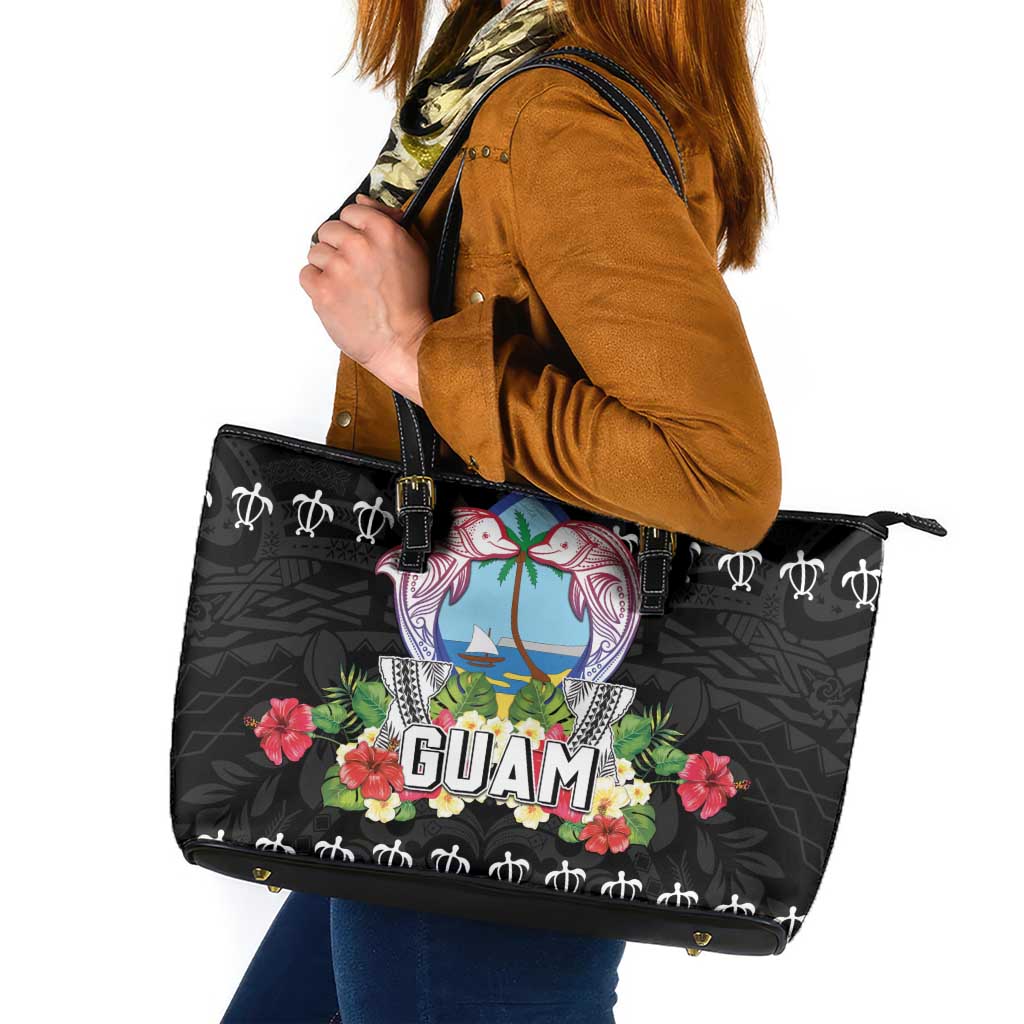 Guam Chamorro Leather Tote Bag Tribal Latte Stone With Dolphins Black LT05 Black - Polynesian Pride