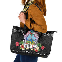 Guam Chamorro Leather Tote Bag Tribal Latte Stone With Dolphins Black LT05 Black - Polynesian Pride