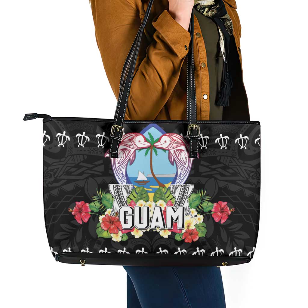 Guam Chamorro Leather Tote Bag Tribal Latte Stone With Dolphins Black LT05 - Polynesian Pride
