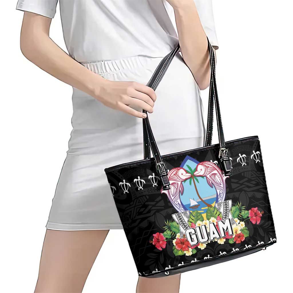 Guam Chamorro Leather Tote Bag Tribal Latte Stone With Dolphins Black LT05 - Polynesian Pride