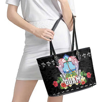 Guam Chamorro Leather Tote Bag Tribal Latte Stone With Dolphins Black LT05 - Polynesian Pride