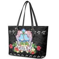 Guam Chamorro Leather Tote Bag Tribal Latte Stone With Dolphins Black LT05 - Polynesian Pride