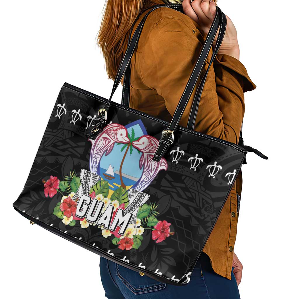 Guam Chamorro Leather Tote Bag Tribal Latte Stone With Dolphins Black LT05 - Polynesian Pride