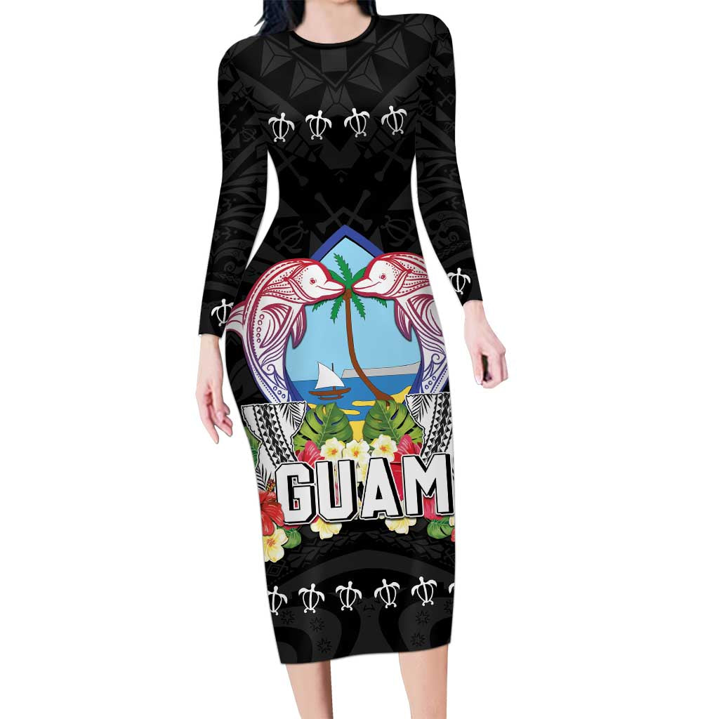 Guam Chamorro Long Sleeve Bodycon Dress Tribal Latte Stone With Dolphins Black LT05 Long Dress Black - Polynesian Pride