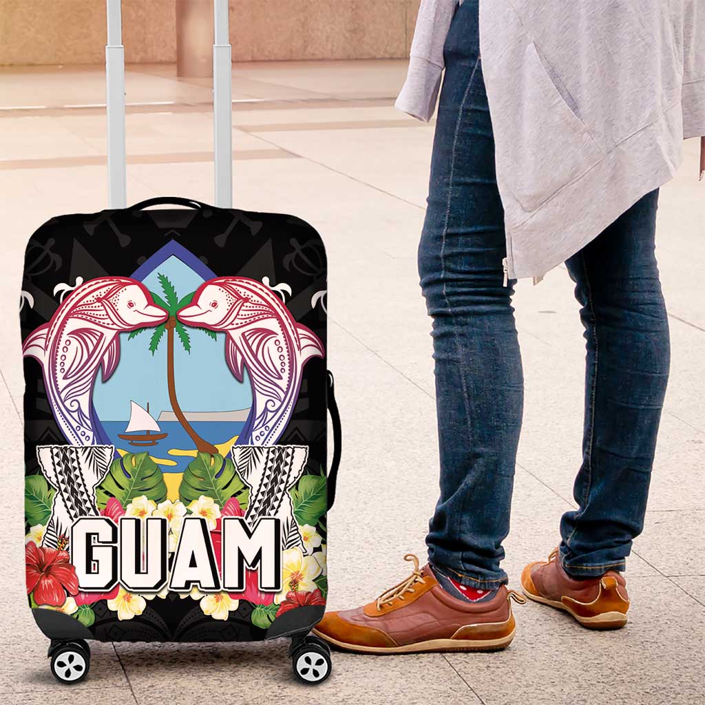 Guam Chamorro Luggage Cover Tribal Latte Stone With Dolphins Black LT05 Black - Polynesian Pride