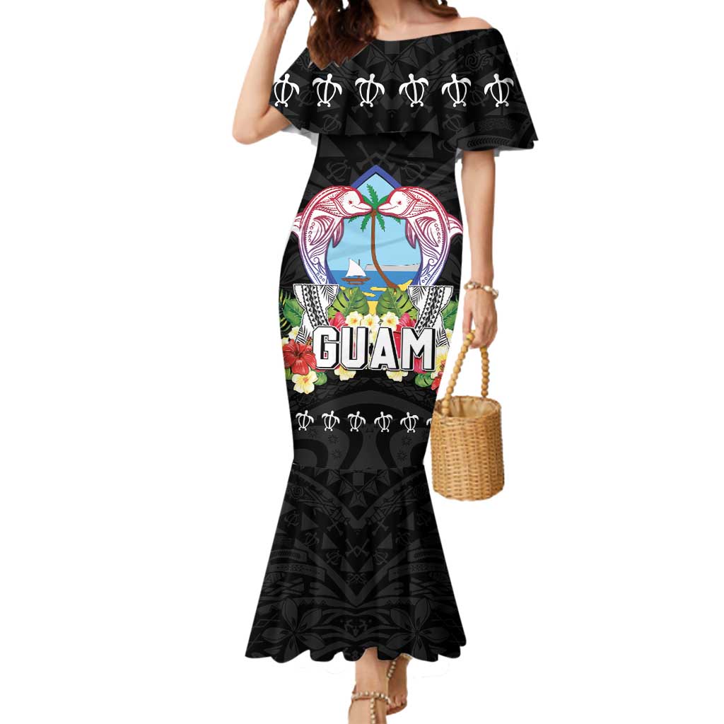 Guam Chamorro Mermaid Dress Tribal Latte Stone With Dolphins Black LT05 Women Black - Polynesian Pride