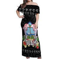 Guam Chamorro Off Shoulder Maxi Dress Tribal Latte Stone With Dolphins Black LT05 Women Black - Polynesian Pride