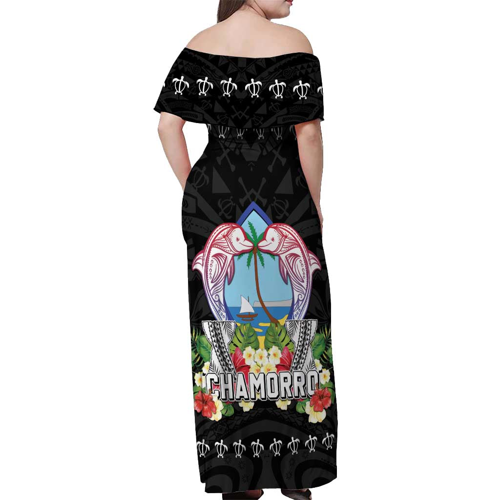 Guam Chamorro Off Shoulder Maxi Dress Tribal Latte Stone With Dolphins Black LT05 - Polynesian Pride