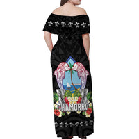 Guam Chamorro Off Shoulder Maxi Dress Tribal Latte Stone With Dolphins Black LT05 - Polynesian Pride