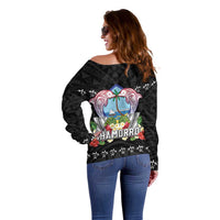 Guam Chamorro Off Shoulder Sweater Tribal Latte Stone With Dolphins Black LT05 - Polynesian Pride