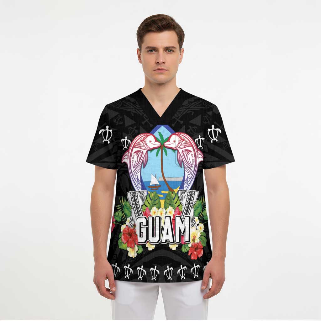 Guam Chamorro Scrub Top Tribal Latte Stone With Dolphins Black LT05 - Polynesian Pride