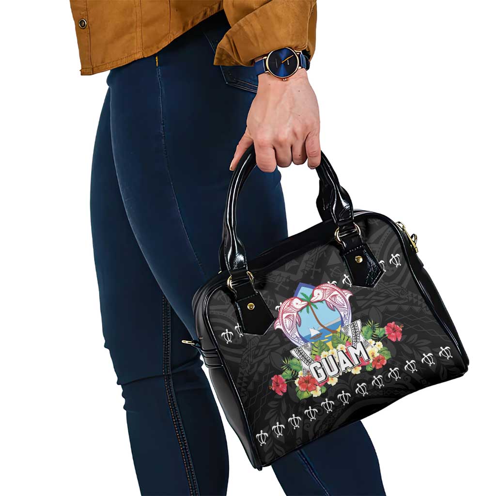 Guam Chamorro Shoulder Handbag Tribal Latte Stone With Dolphins Black LT05 - Polynesian Pride